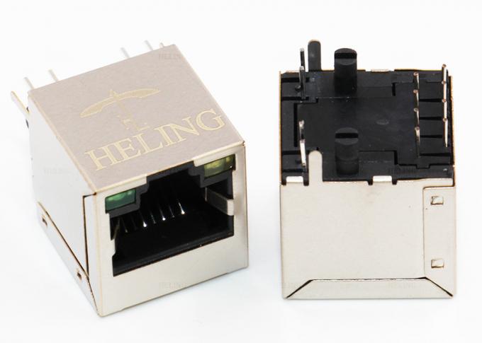180 درجه عمودی RJ45 جک از طریق سوراخ PCB کوه با سبز / زرد LED aligned