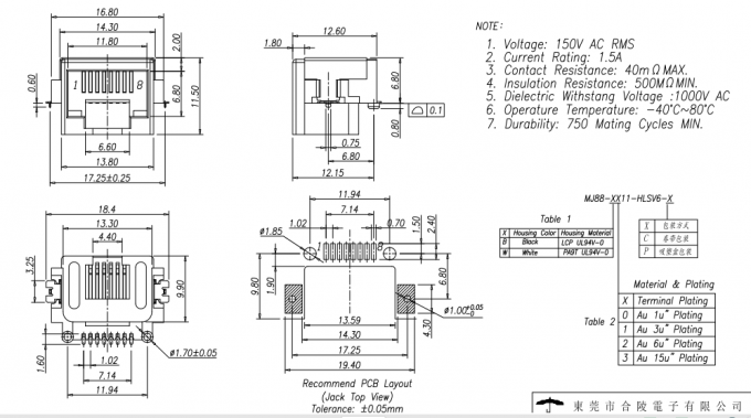 SMT افست / Overhangs PCB RJ45 جک، شبکه مدولار RJ45 اتصال PCB